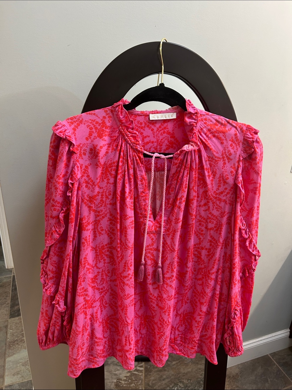 Karlie Hot Pink & Red Ruffle Tie-Neck Blouse